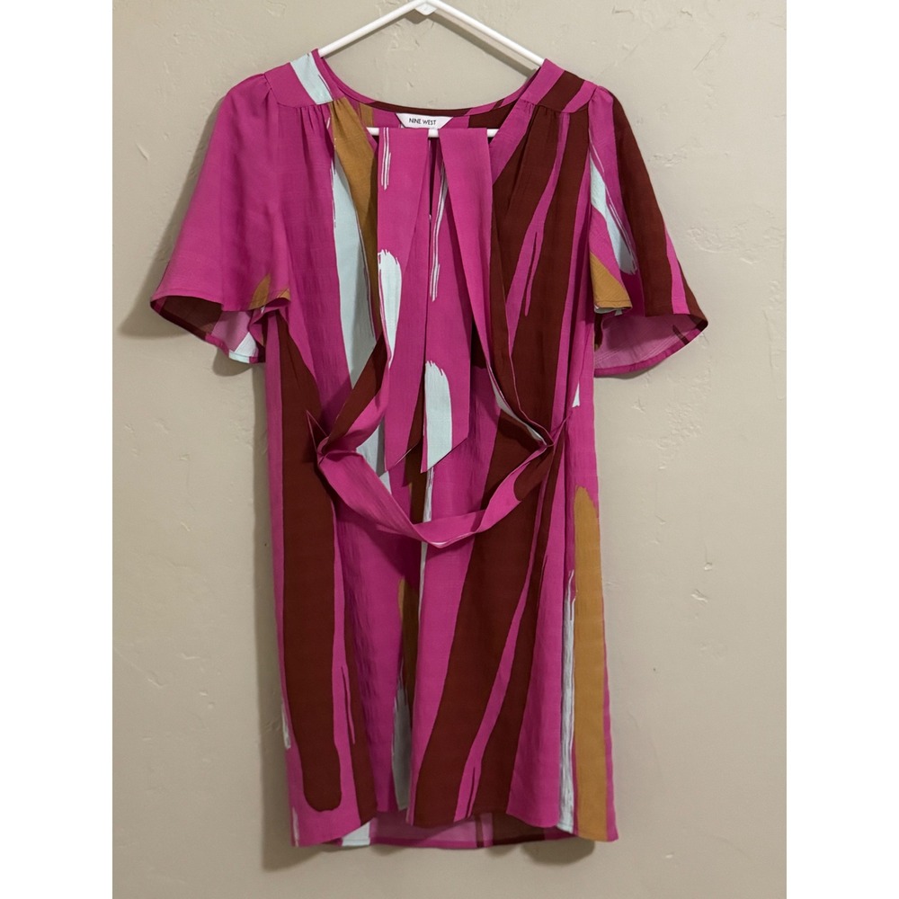 nine west dress S pink abstract brushstroke flutter sleeve tie waist